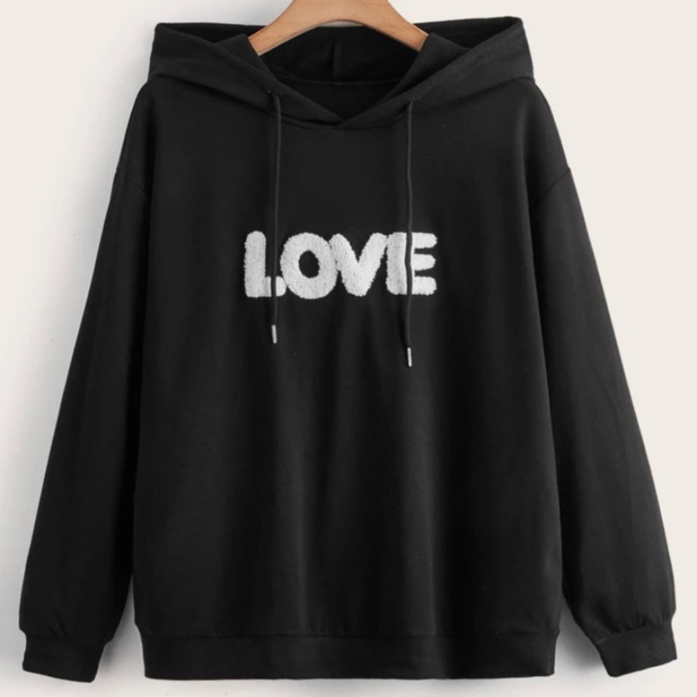 NWT SHEIN Black “LOVE” Sherpa Patch Over-Sized Hoodie Sweatshirt Size 1X